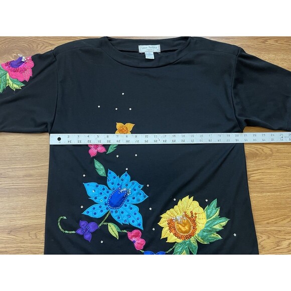 Vtg 80S Lisa Ashley T Shirt Black Sz M Embroidered Beaded Colorful Floral SP Pad - Picture 8 of 10